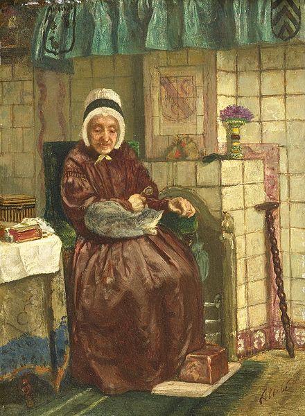 August Allebe Old woman by a hearth